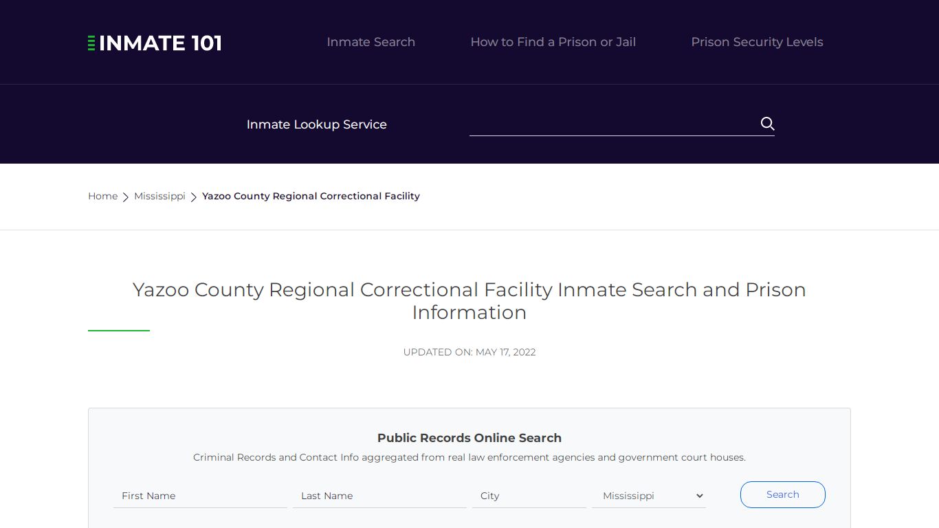 Yazoo County Regional Correctional Facility Inmate Search ...